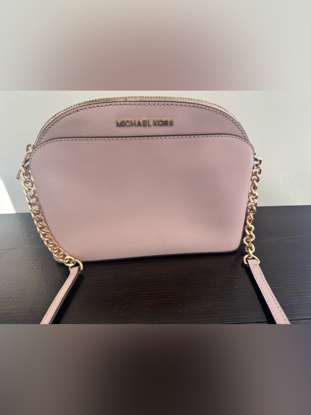 Michael Kors Blush Pink Saffiano Dome Crossbody with Gold Chain